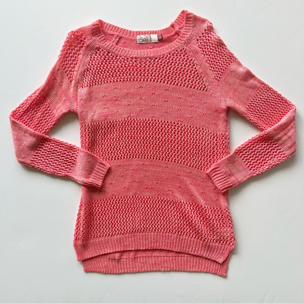 So Bright Pink Striped Open Knit Sweater, Medium
